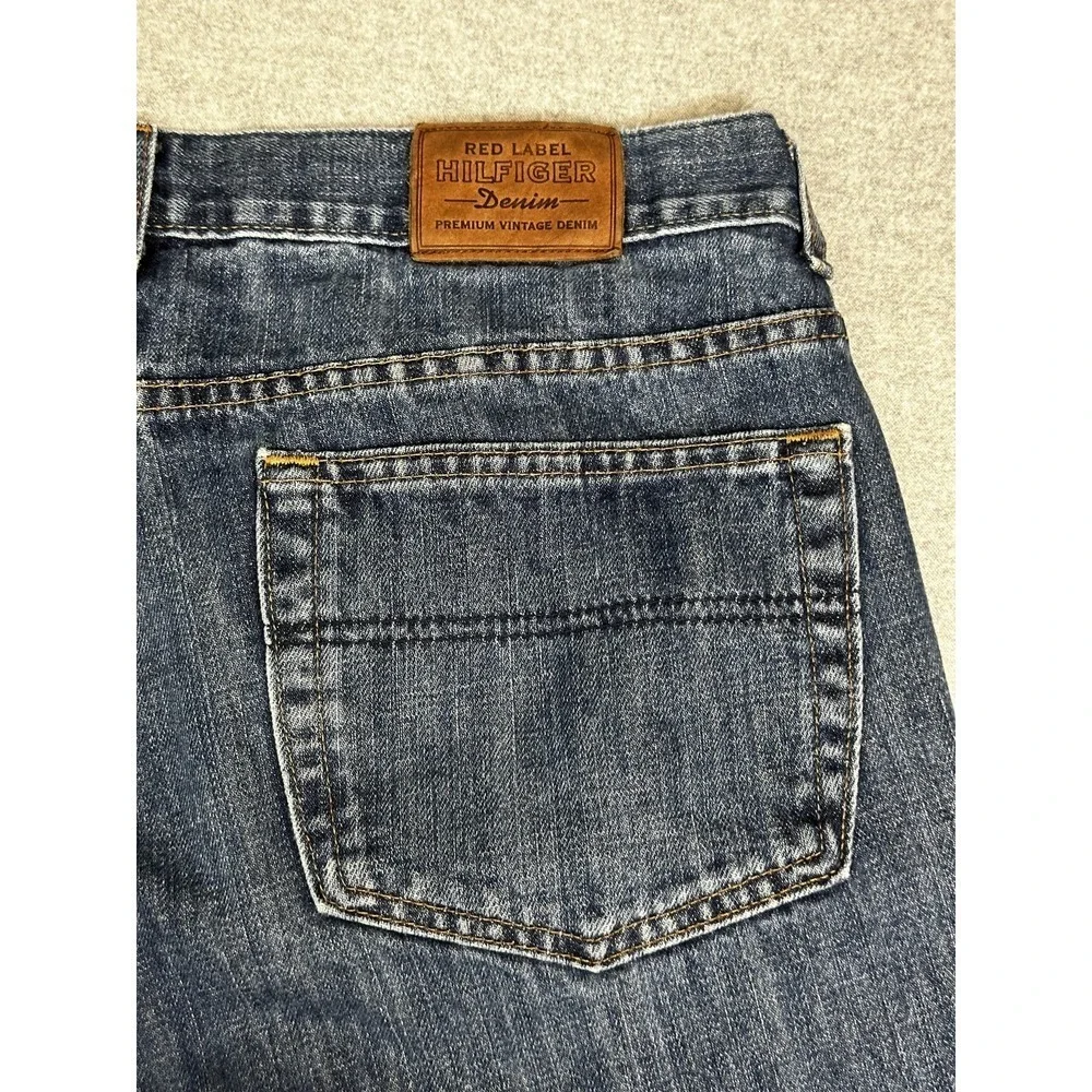 Tommy Hilfiger Jeans Mens 38x29 Blue Classic Straight Red Label Distressed Denim